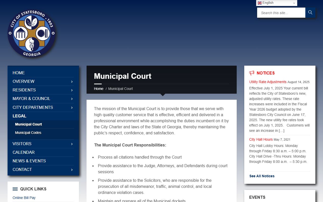 Statesboro Municipal Court website for searching criminal court records