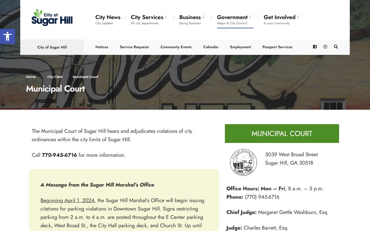Sugar Hill Municipal Court page for searching criminal court records
