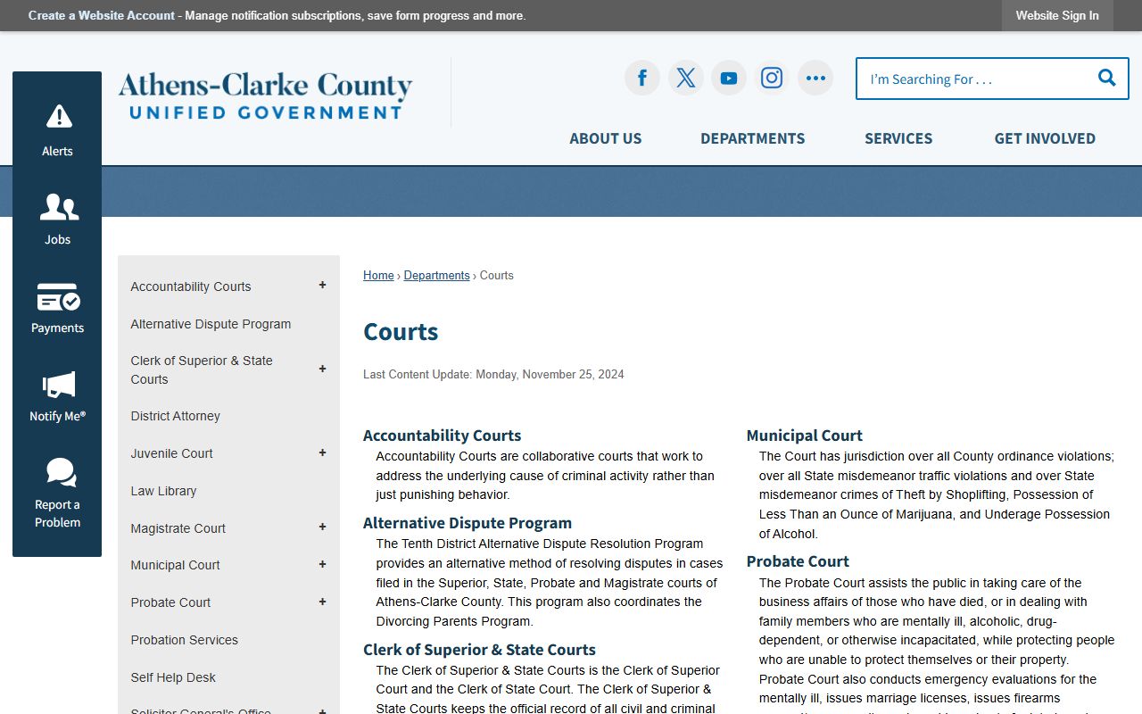 Athens-Clarke County courts page showing criminal court information