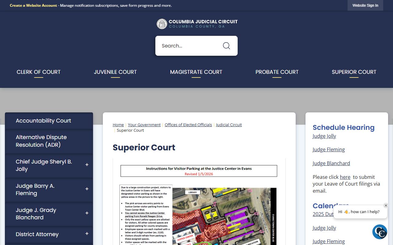 Columbia County Superior Court page for criminal court records and case information