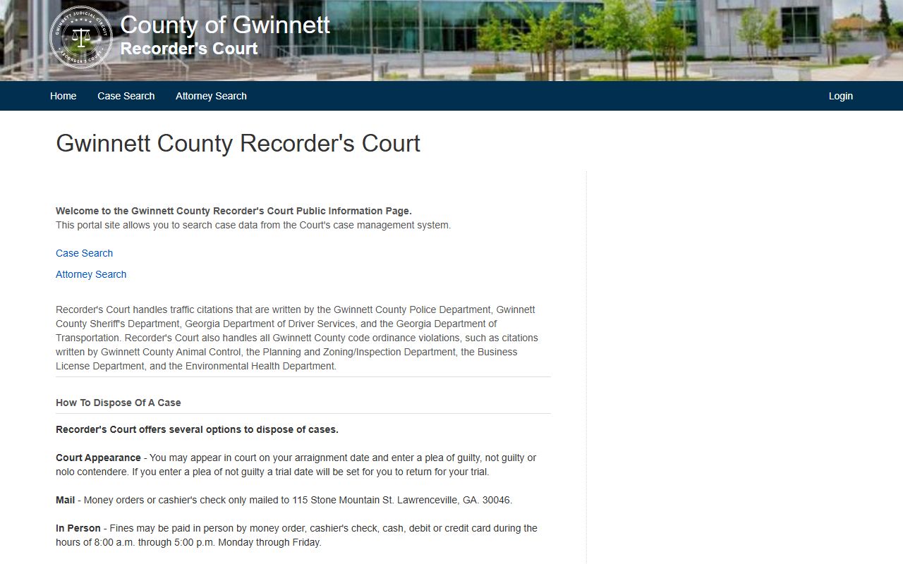 Gwinnett County Recorder's Court online portal for case lookup