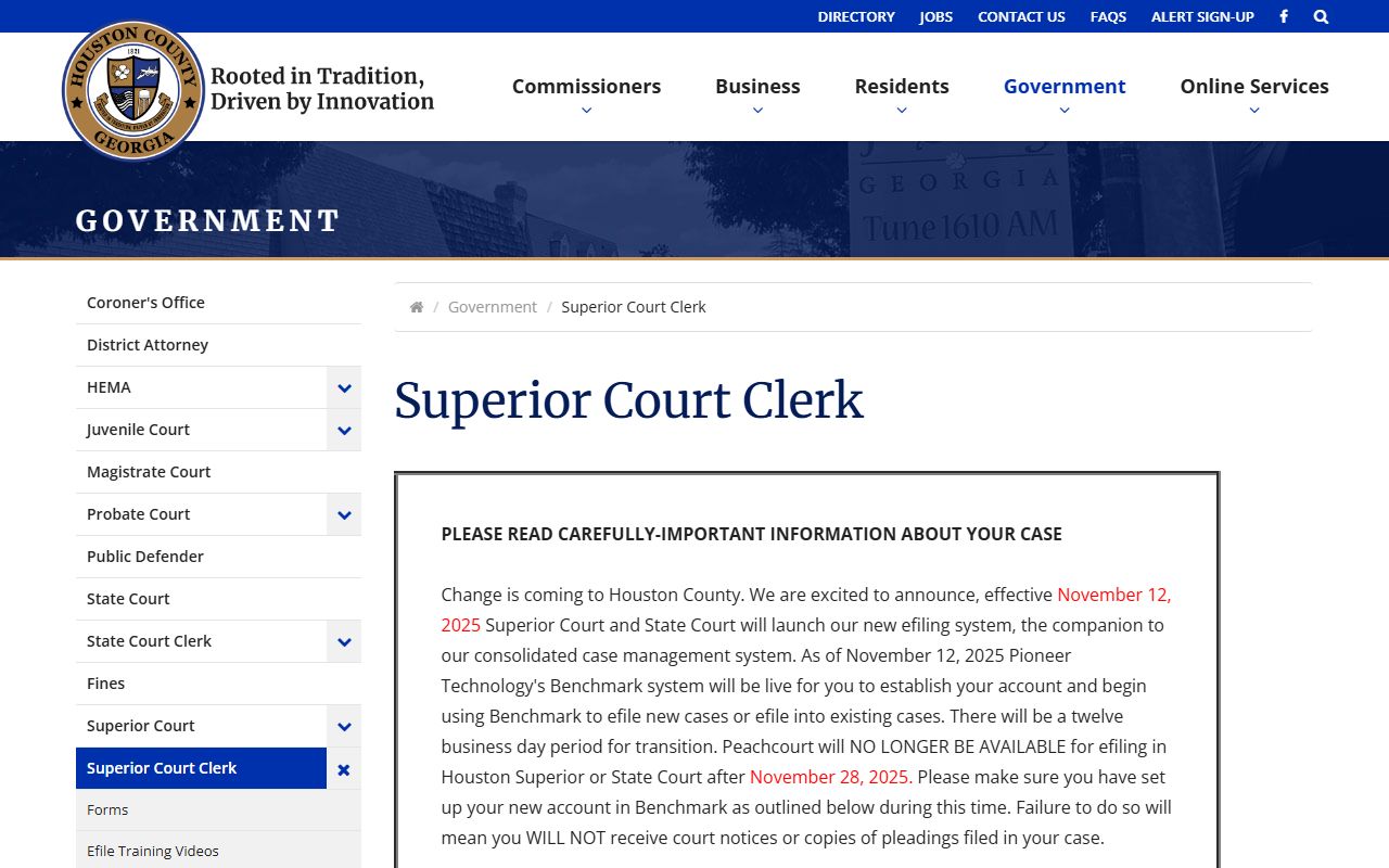 Houston County Superior Court Clerk page for criminal court records