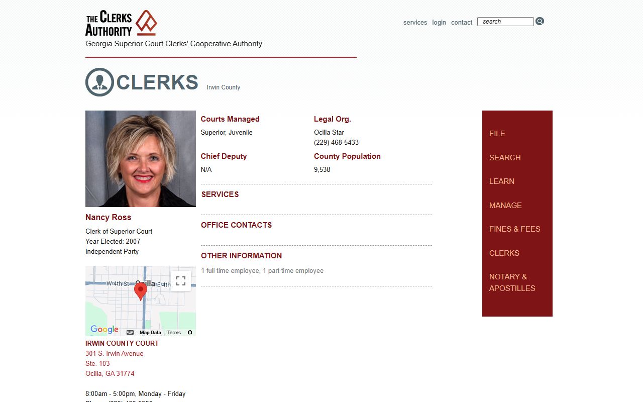 GSCCCA Irwin County clerk page for criminal court records access