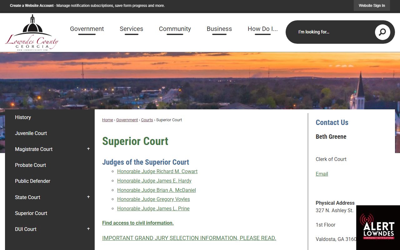 Lowndes County Superior Court page for criminal court records