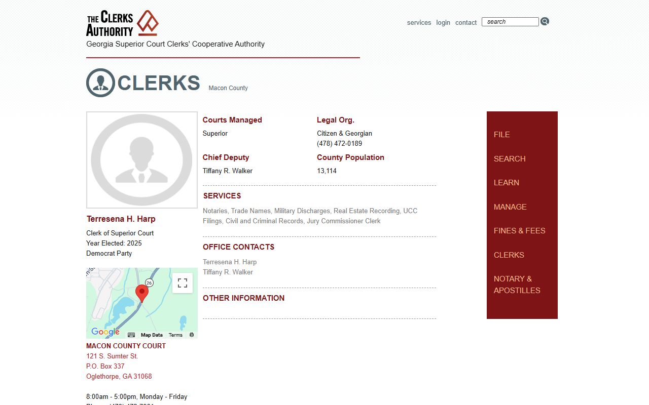 GSCCCA clerk page for Macon County criminal court records