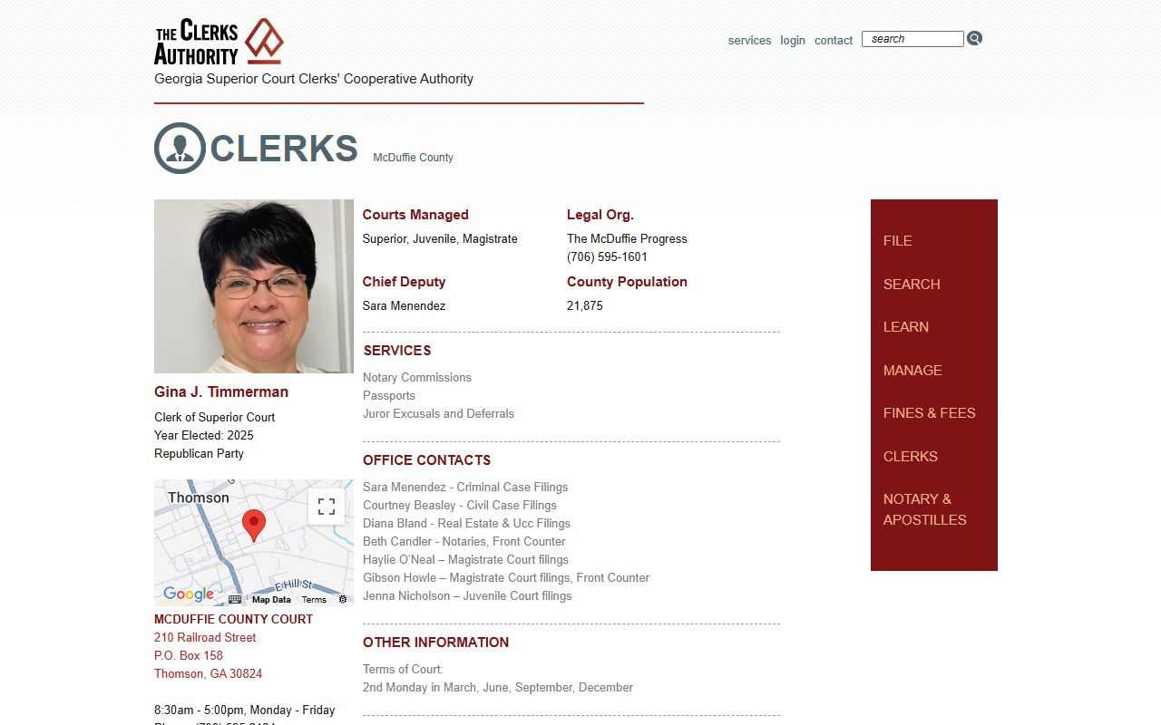 GSCCCA clerk page for McDuffie County criminal court records