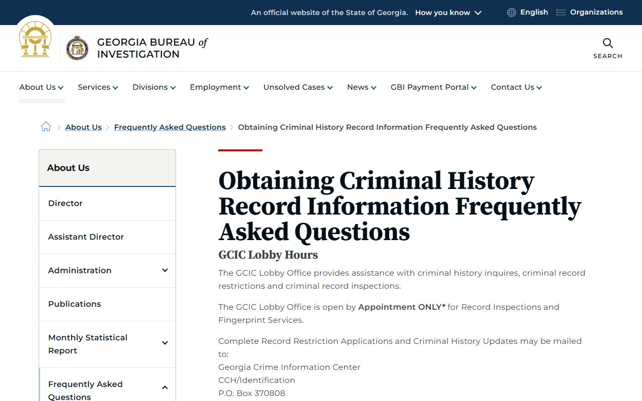 GBI Criminal History FAQ page for Georgia criminal court records