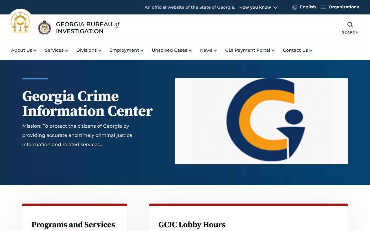 Georgia Crime Information Center GCIC page for criminal history records